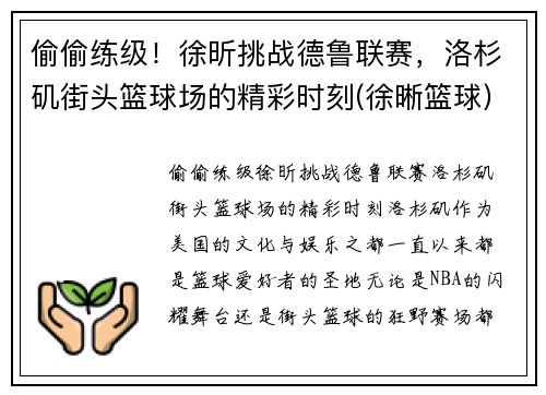 偷偷练级！徐昕挑战德鲁联赛，洛杉矶街头篮球场的精彩时刻(徐晰篮球)