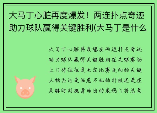 大马丁心脏再度爆发！两连扑点奇迹助力球队赢得关键胜利(大马丁是什么)