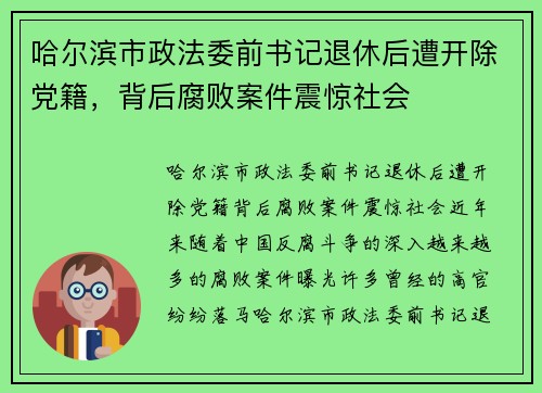 哈尔滨市政法委前书记退休后遭开除党籍，背后腐败案件震惊社会