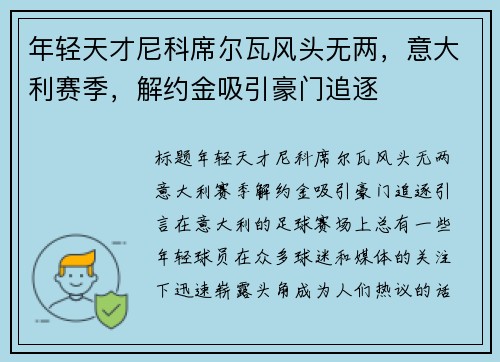 年轻天才尼科席尔瓦风头无两，意大利赛季，解约金吸引豪门追逐