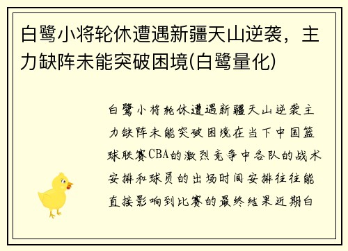 白鹭小将轮休遭遇新疆天山逆袭，主力缺阵未能突破困境(白鹭量化)